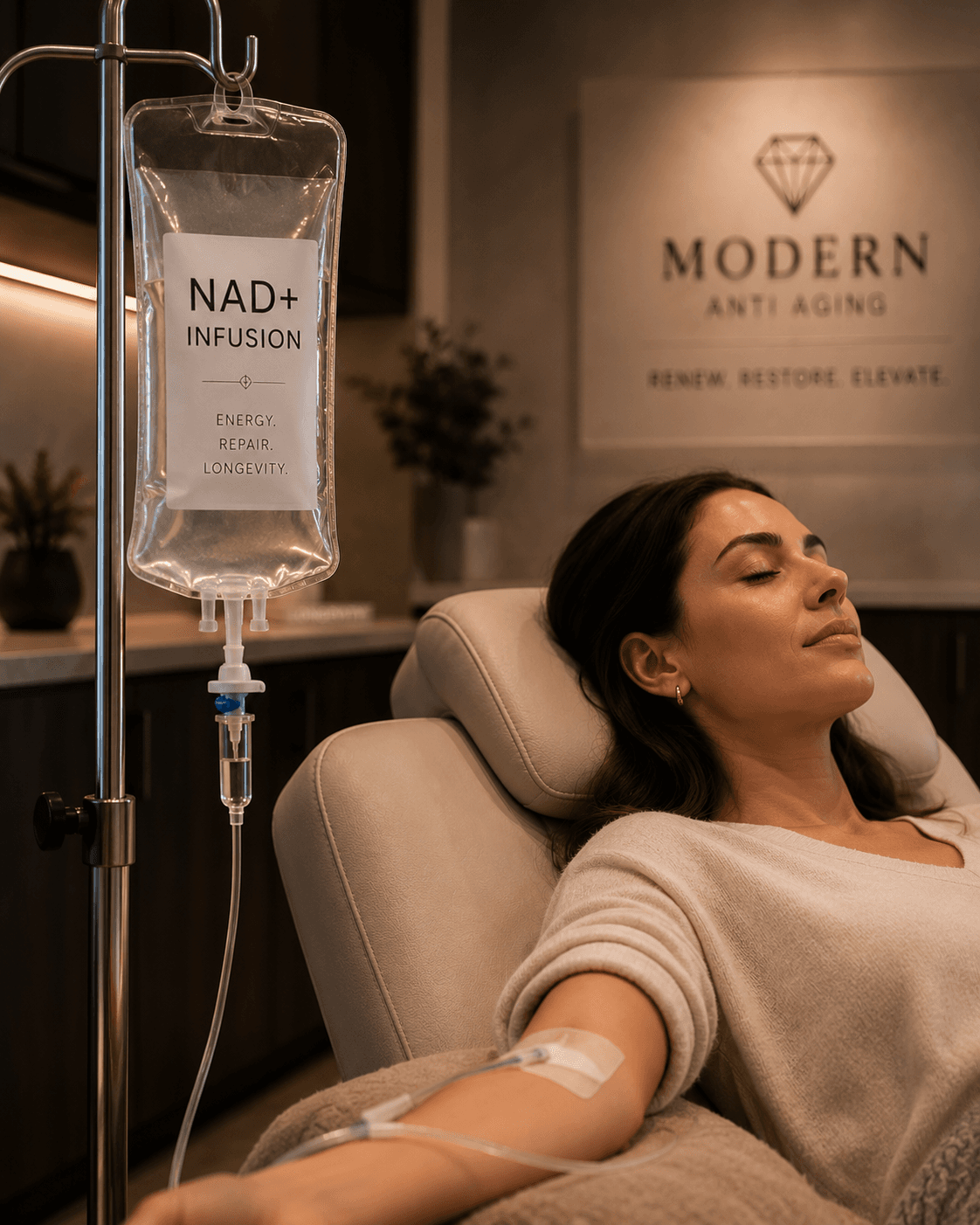 NAD+ infusion therapy close-up in a private treatment suite