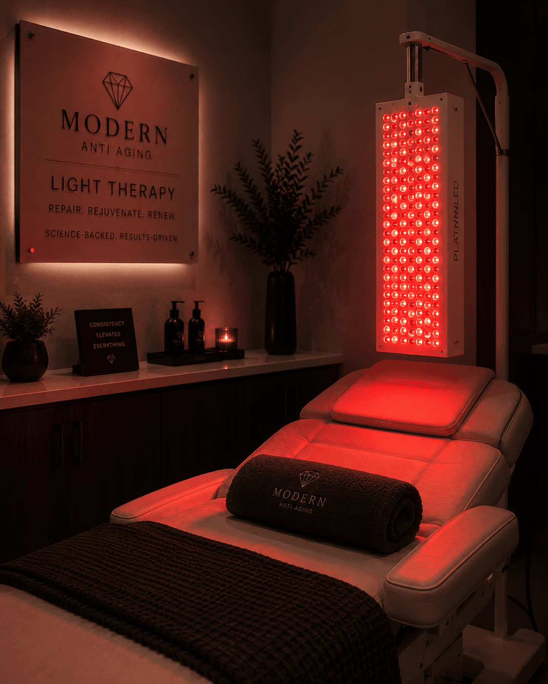 Red light therapy room with clinical light panel and recliner